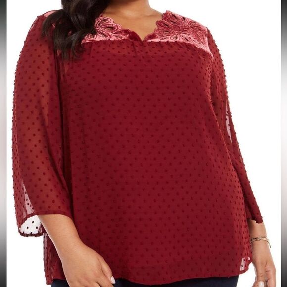 Style & Co Eyelet Red Swiss Dot Velvet Velour Yoke Top Blouse 3X NWT - Picture 1 of 11
